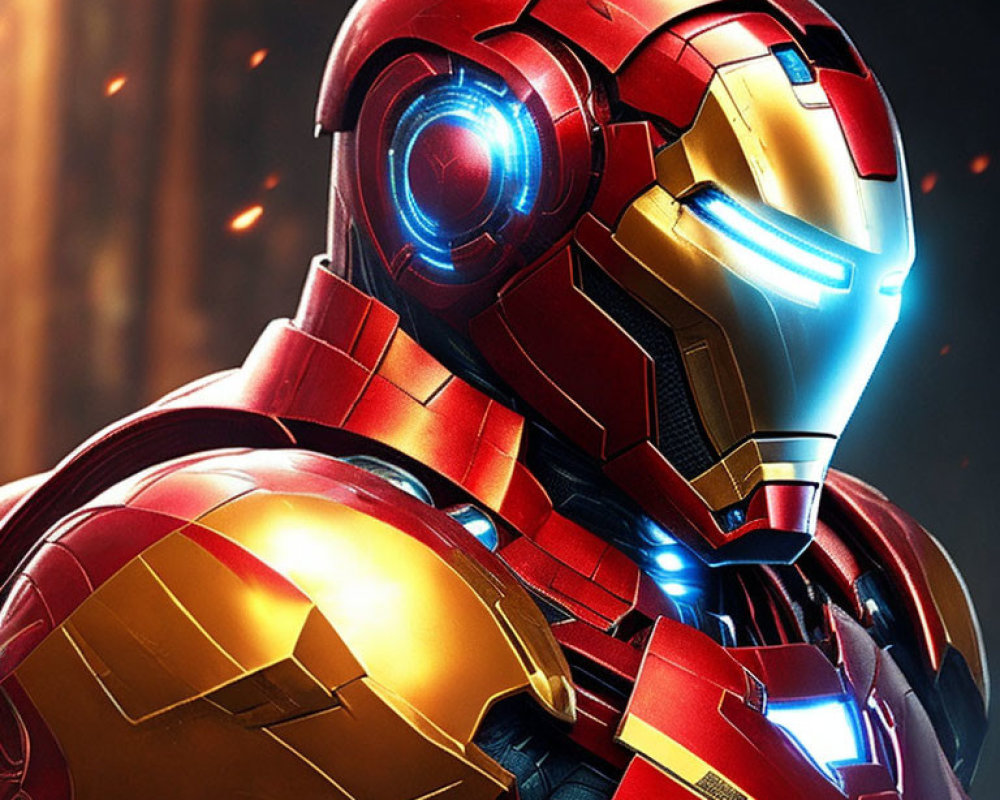 Detailed view of glowing blue arc reactor and eyes on red and gold Iron Man suit