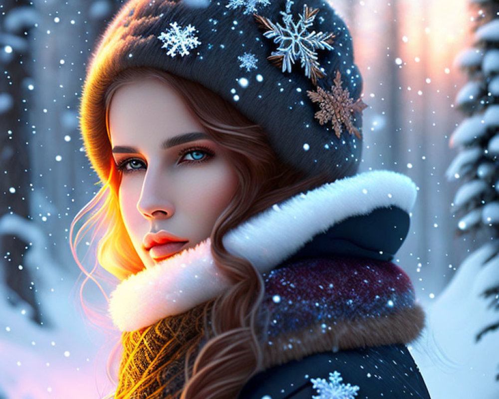 Digital artwork of woman with blue eyes and long hair in winter attire against snowy forest.