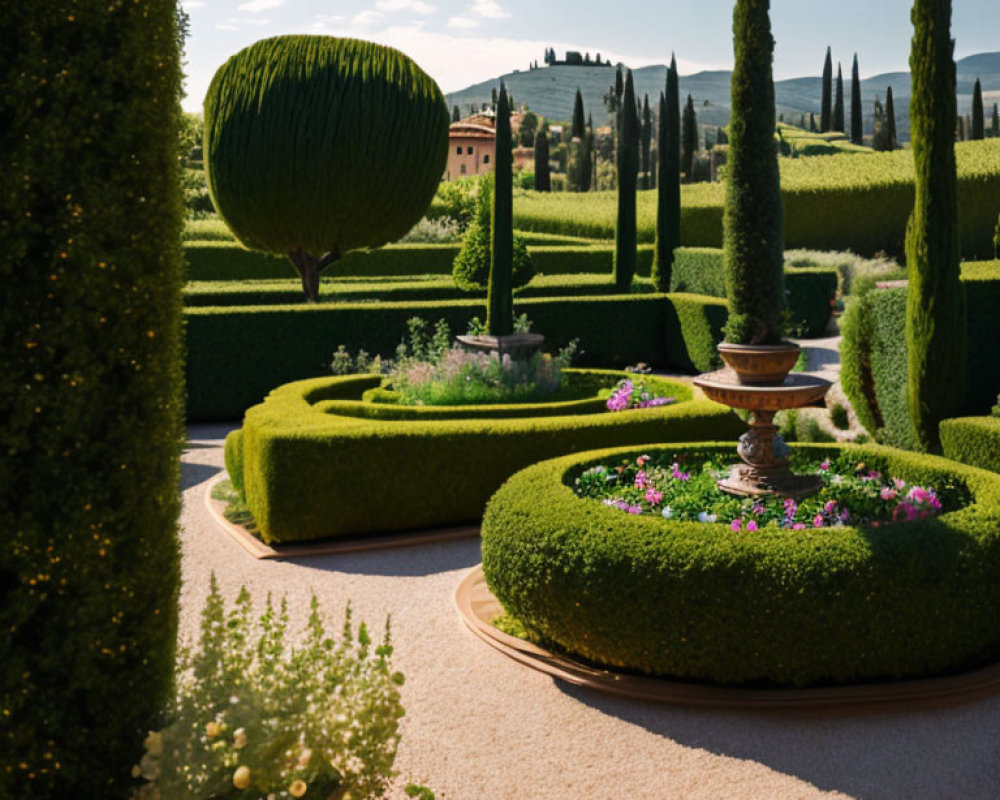 Geometric Hedge Designs in Manicured Garden with Fountain