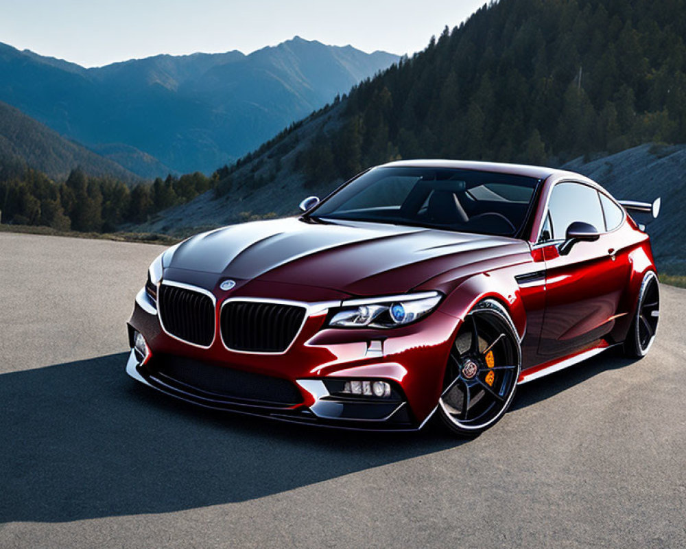 Red Sports Car with Custom Rims in Mountain Setting