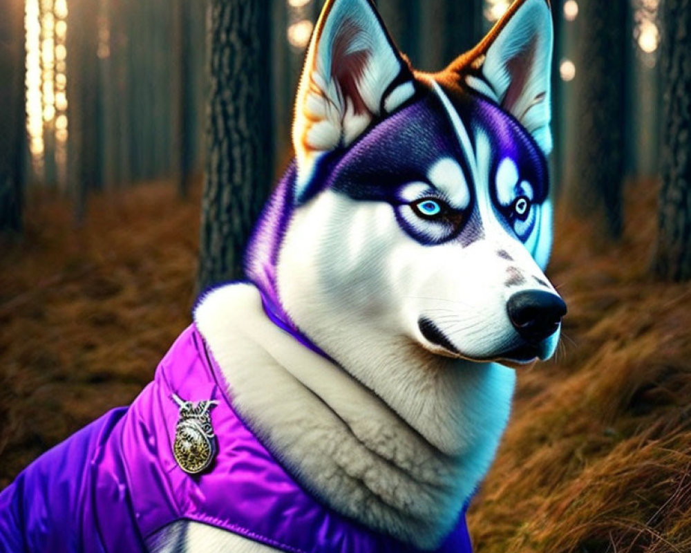 Husky in Purple Jacket with Medallion in Forest Setting