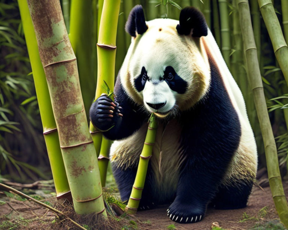 Giant panda surrounded by bamboo, gazing at the camera