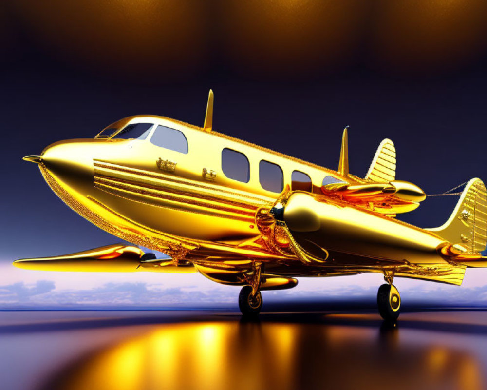 Luxurious Gold-Coated Private Jet on Glossy Blue Surface