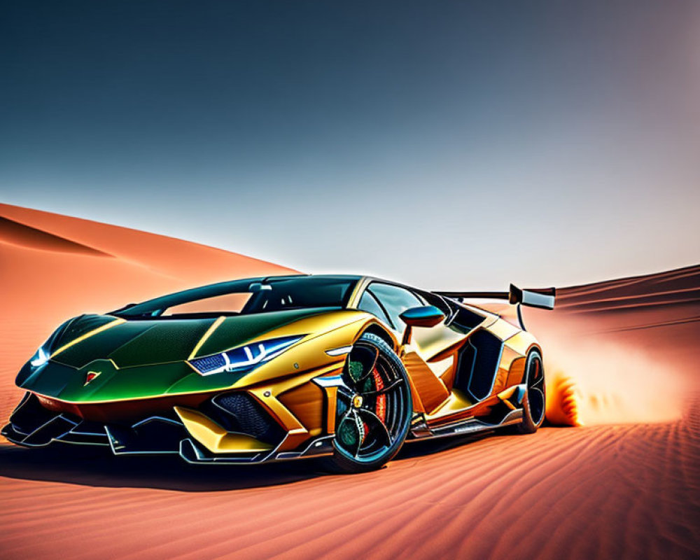 Sleek sports car speeding on desert road under clear sky