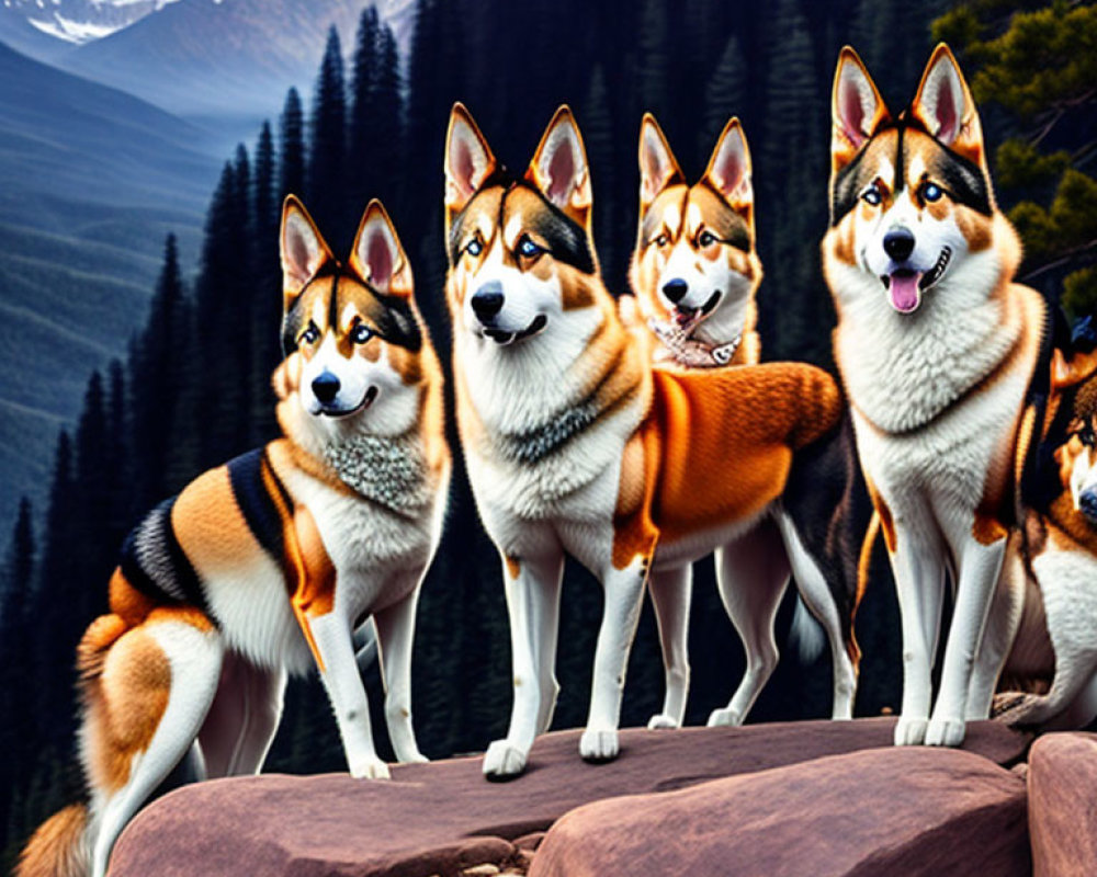 Four Husky Dogs on Rocks with Mountainous Landscape