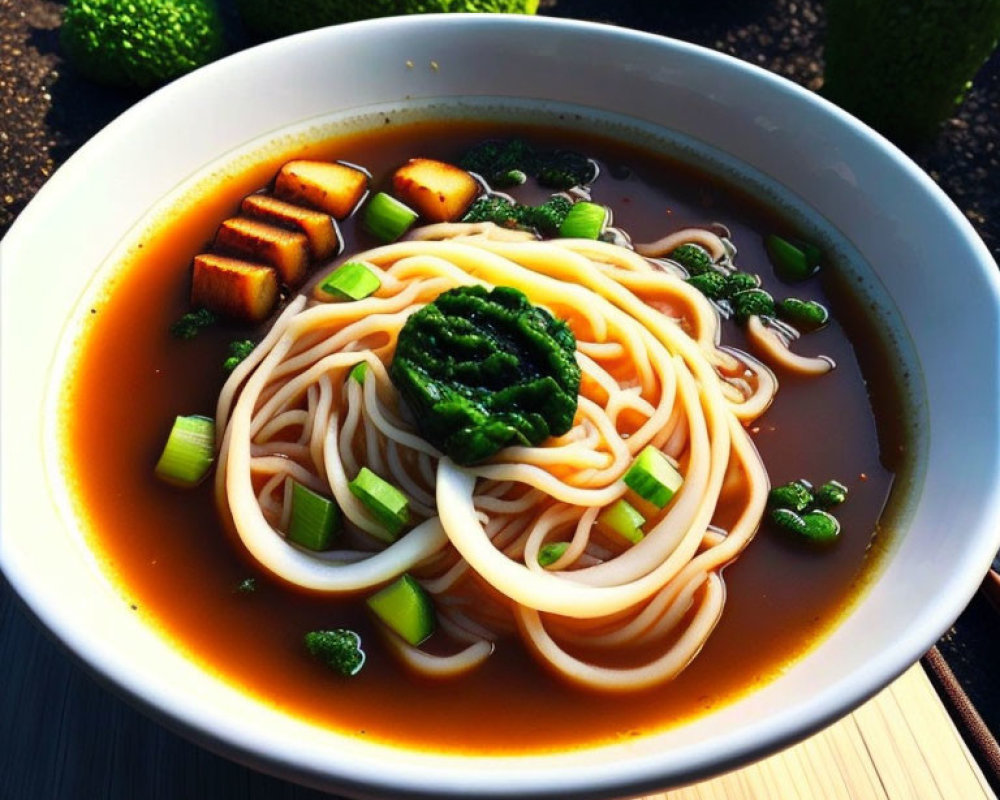 Asian noodle soup with tofu, green vegetables, and scallions on wooden surface