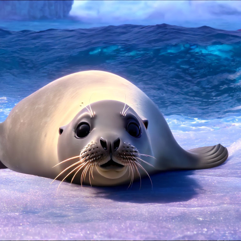 3D animated seal resting on icy surface with ocean and icebergs