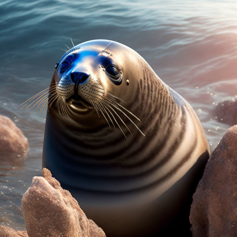 Glossy fur seal resting on rocks at sunset