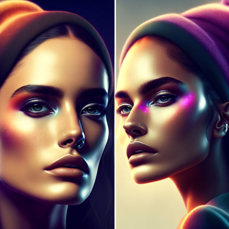 Symmetrical woman with warm and cool light makeup contrast