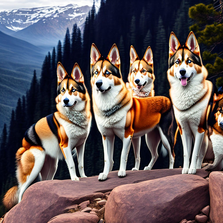 Four Husky Dogs on Rocks with Mountainous Landscape