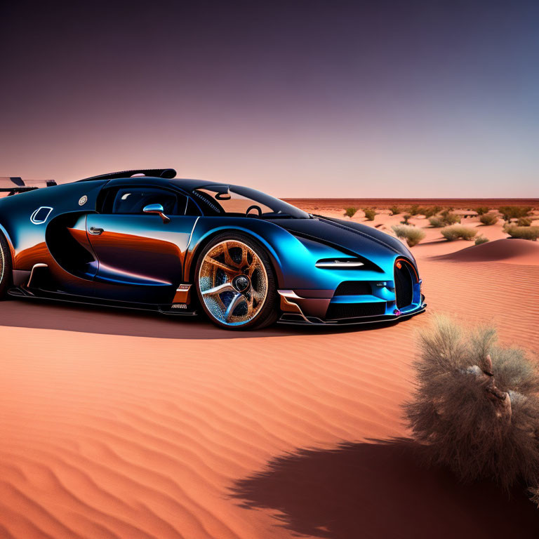 Blue Sports Car with Orange Highlights in Desert Setting