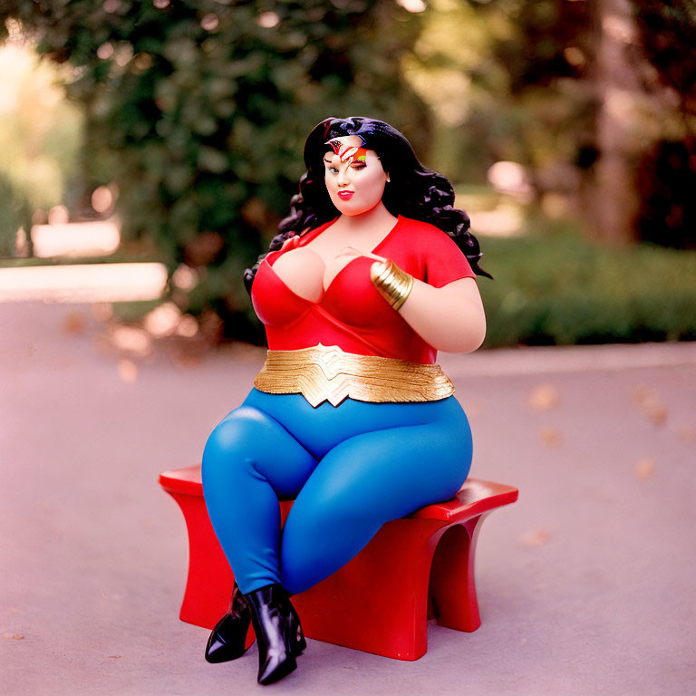 Plus-Size Wonder Woman Statue on Red Stool in Red, Blue, Gold, Black Attire