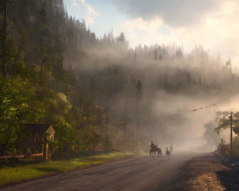 Misty forest road at sunrise with horse riders and cabin.