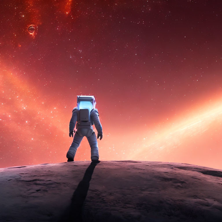 Astronaut on alien planet with red galaxy and celestial body.