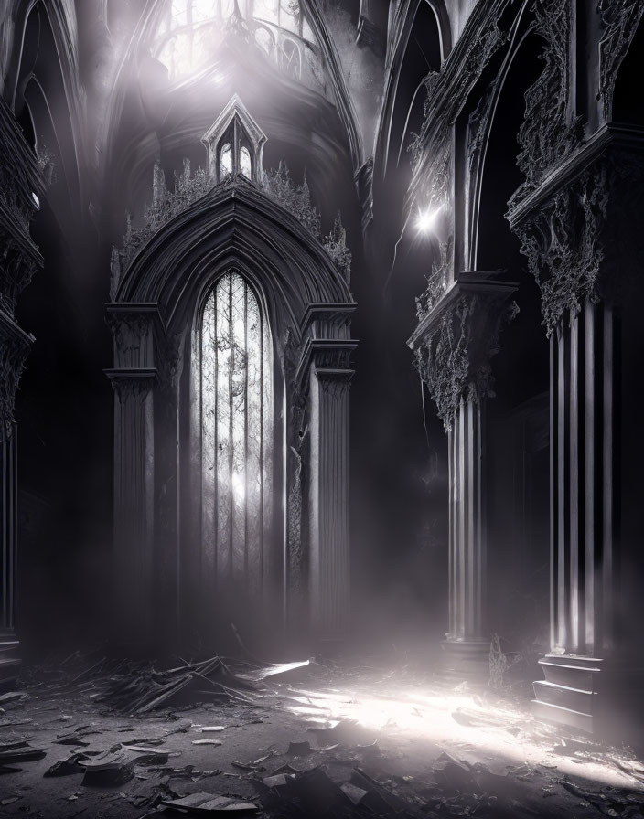 Gothic Cathedral Interior with Sunlight and Debris