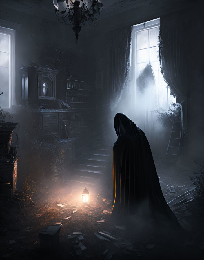 Cloaked Figure with Glowing Lantern in Dusty Room Near Staircase and Window