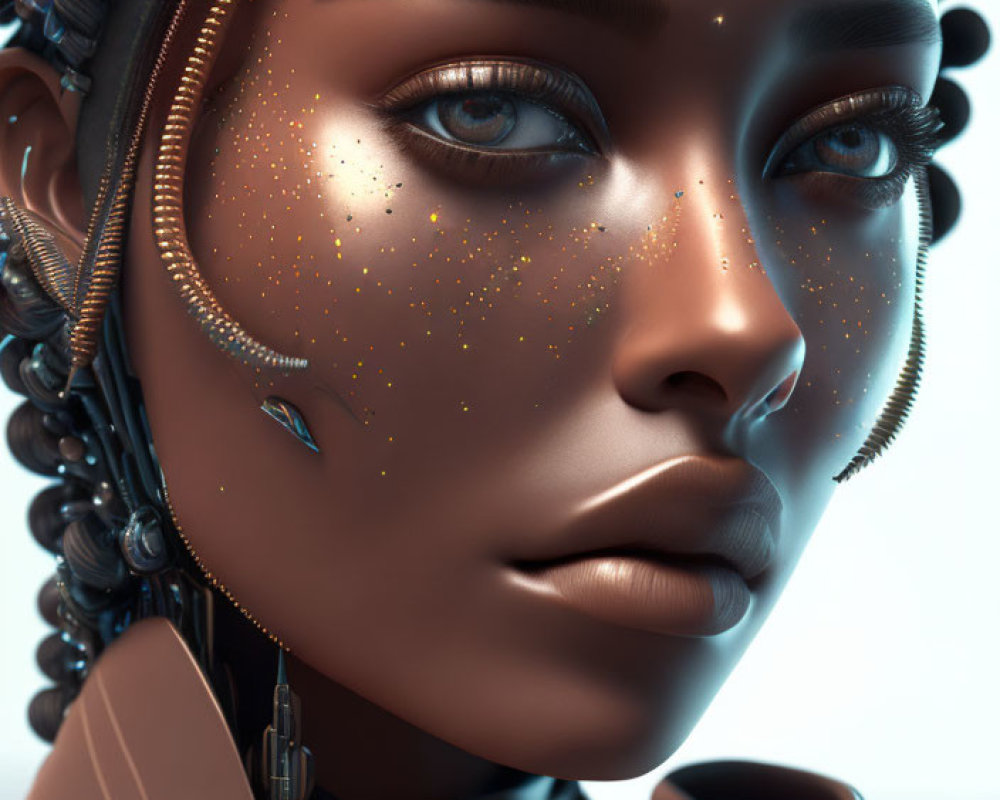 Futuristic digital portrait of a woman with metallic skin and braided hair