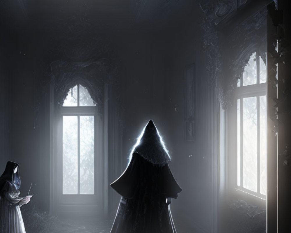 Gothic architecture in dimly lit room with cloaked figure and child-like figure.