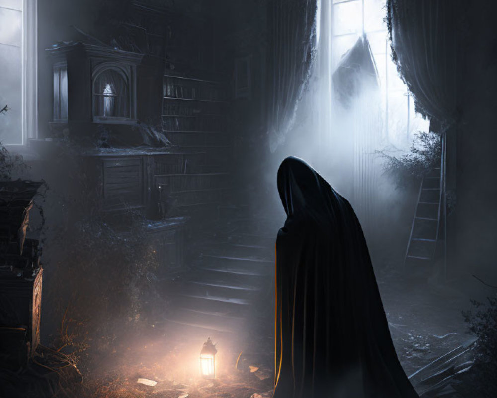 Cloaked Figure with Glowing Lantern in Dusty Room Near Staircase and Window