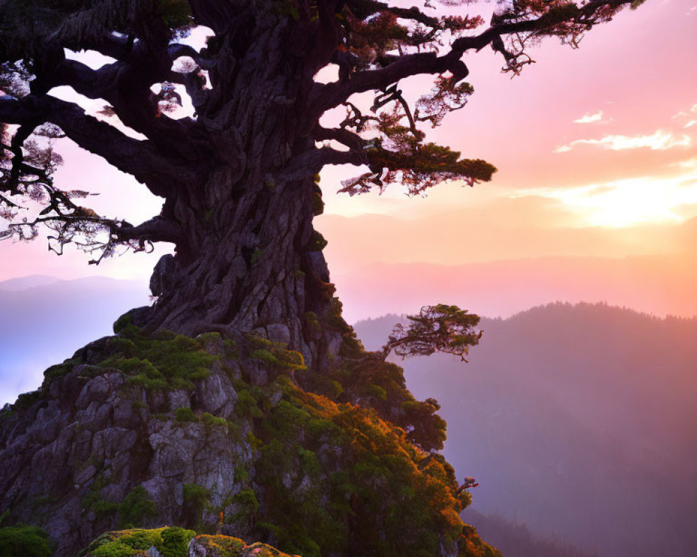 Ancient tree on rocky outcrop in mountain landscape at sunset