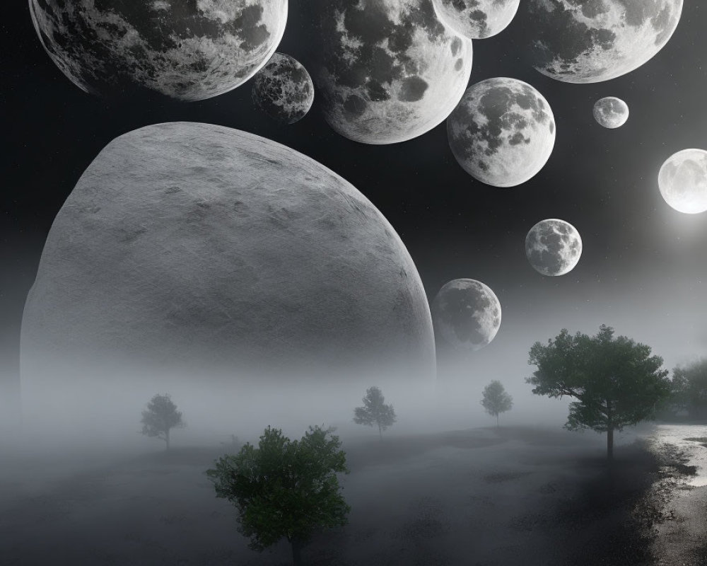 Surreal night landscape with multiple moons over misty grove