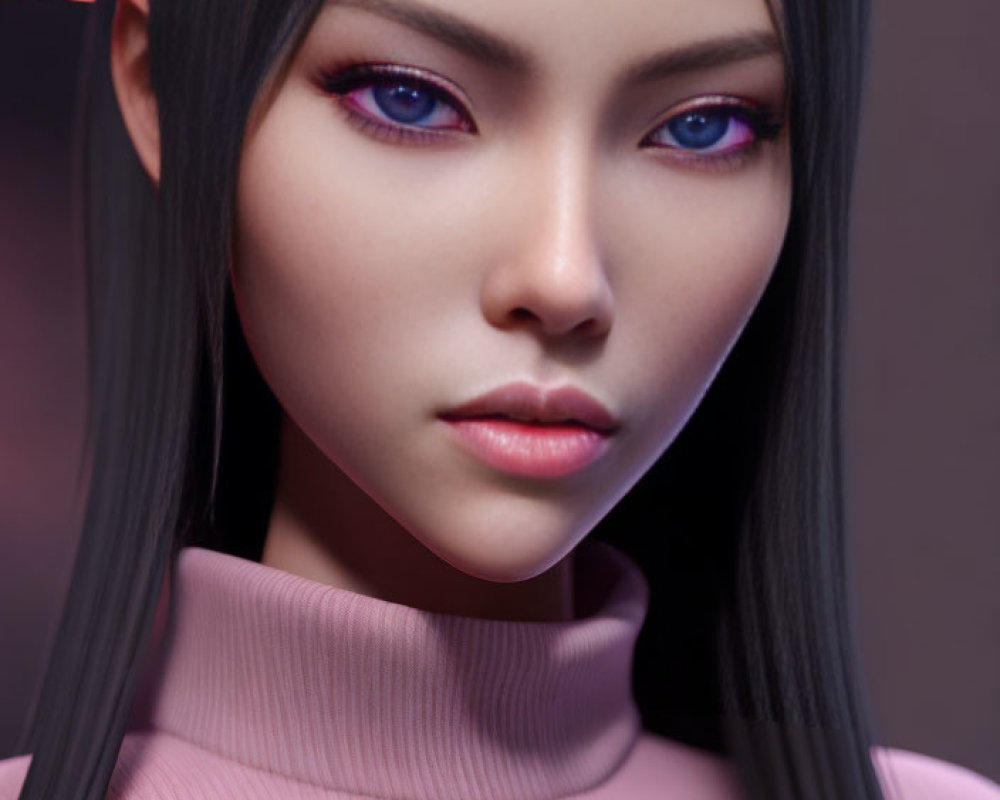 3D digital portrait: Woman with violet eyes, black hair, pink turtleneck