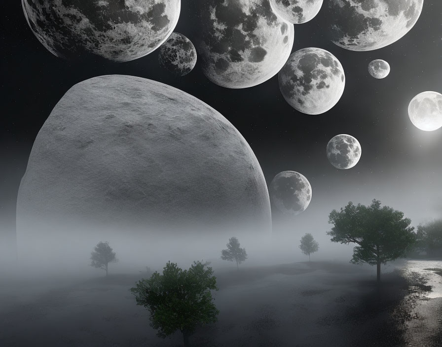 Surreal night landscape with multiple moons over misty grove