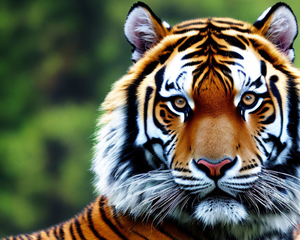 Detailed close-up of a tiger's face with intense gaze and striped fur against green background