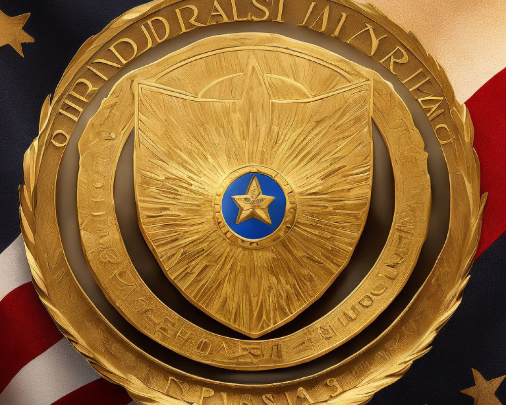 Golden Badge with Blue Star on Shield Surrounded by Olive Branches and American Flag