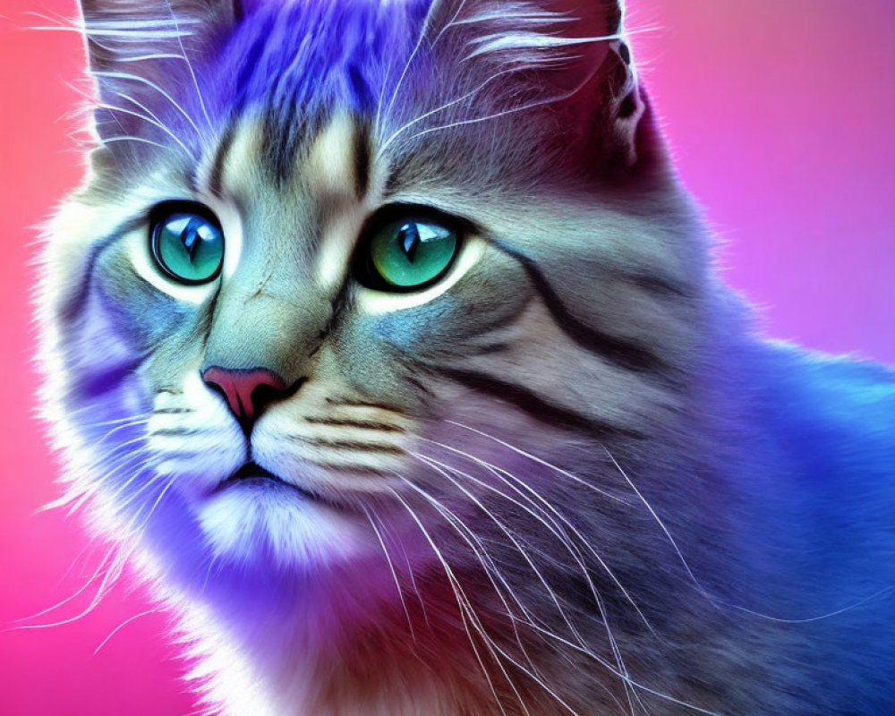 Fluffy Long-Haired Cat with Green Eyes on Pink and Blue Background