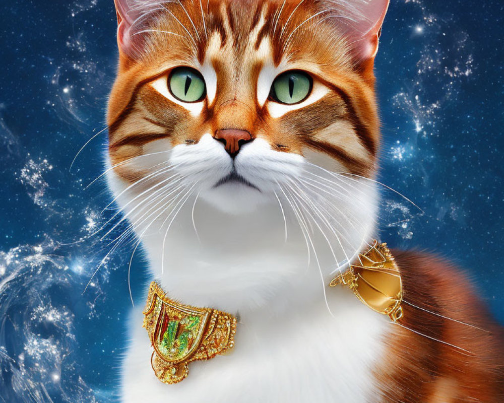 Orange Tabby Cat with Emerald Eyes in Golden Necklace on Cosmic Background