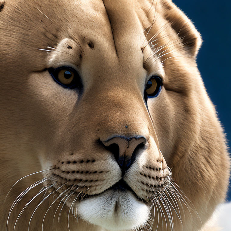 Close-Up of Lioness Face with Intense Blue Eyes on Blue Background