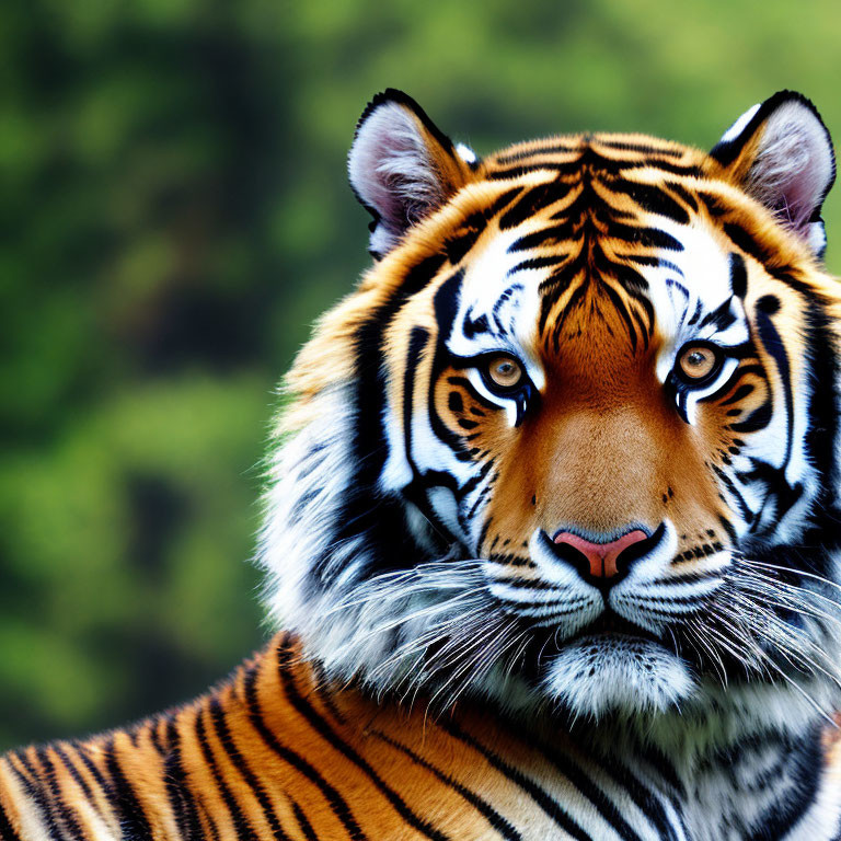 Detailed close-up of a tiger's face with intense gaze and striped fur against green background