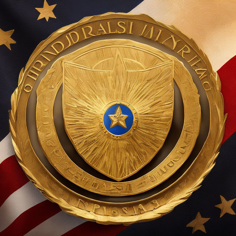 Golden Badge with Blue Star on Shield Surrounded by Olive Branches and American Flag