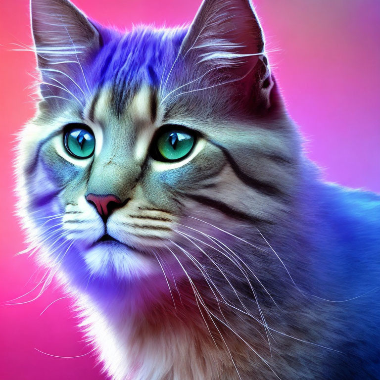 Fluffy Long-Haired Cat with Green Eyes on Pink and Blue Background