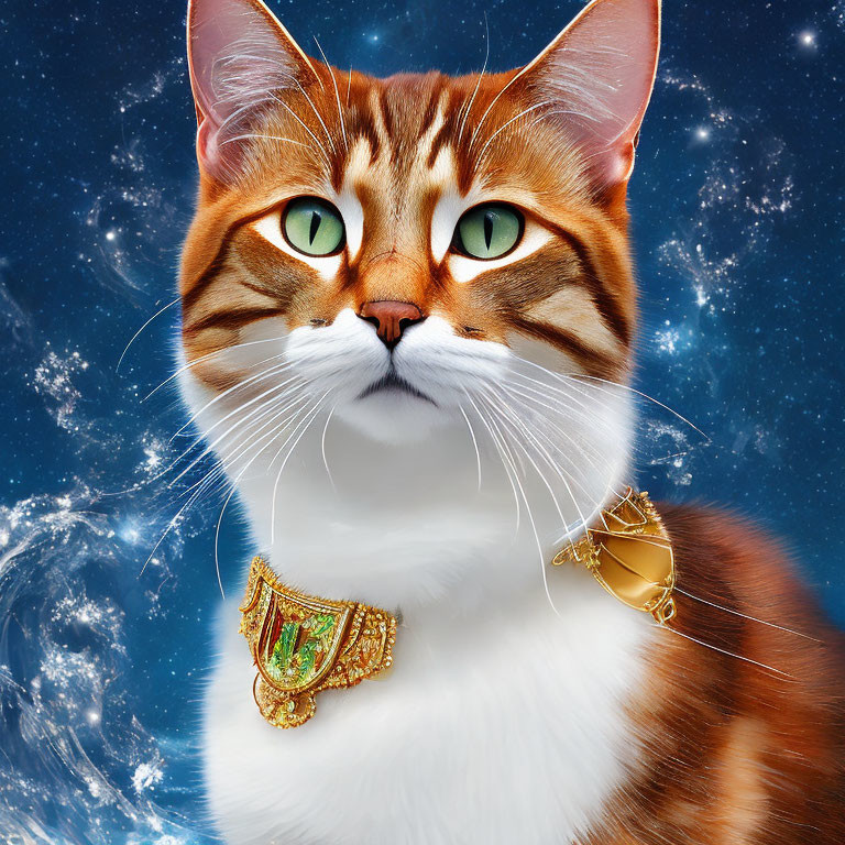 Orange Tabby Cat with Emerald Eyes in Golden Necklace on Cosmic Background