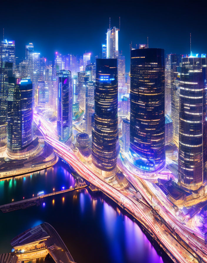 Nighttime cityscape with illuminated skyscrapers and light-streaked roads along a river