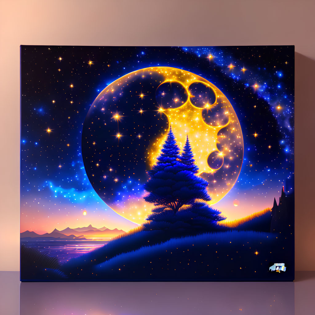 Surreal canvas art with crescent moon, pine tree, starry sky, mountains