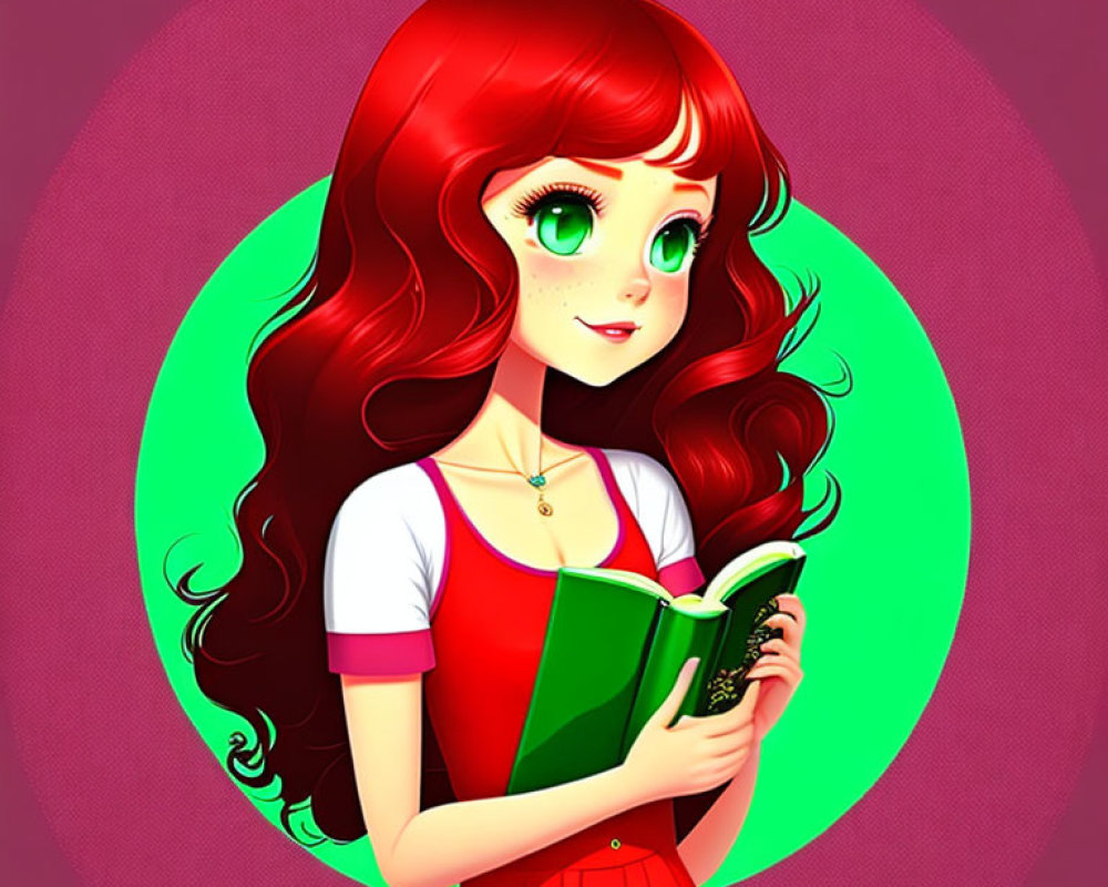 Vibrant red-haired girl with green eyes holding open book on pink and green background