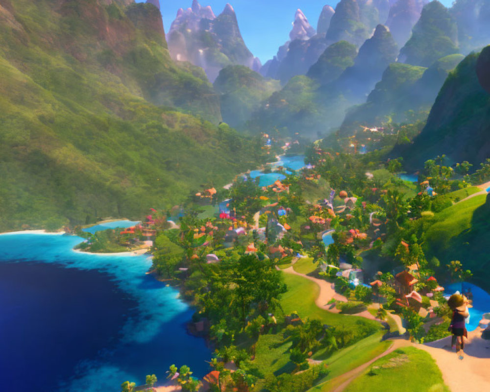 Tropical village nestled between lush mountains and blue sea