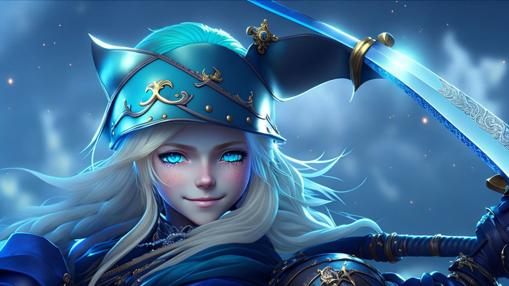 Blonde woman in blue and gold armor with sword on mystical background