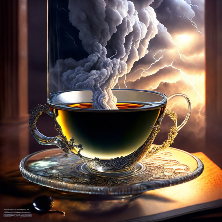 Surreal image: Tea cup with storm cloud in dark skies