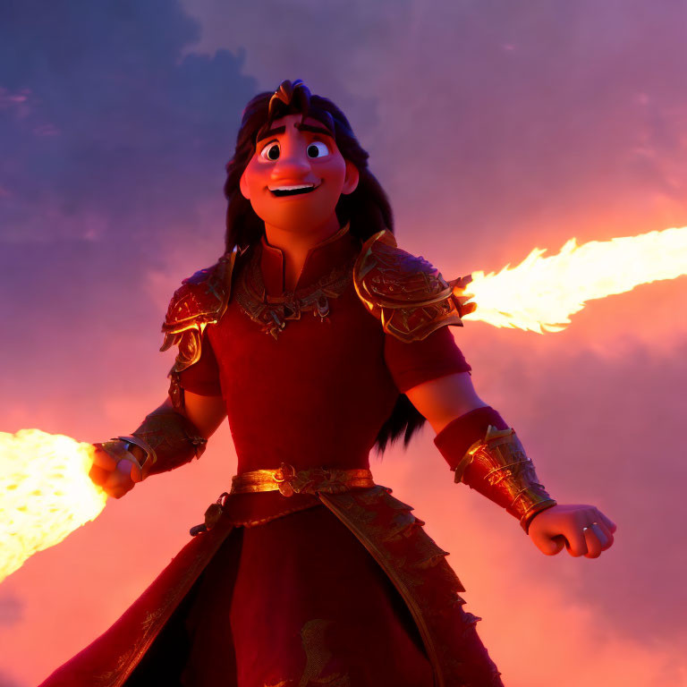 Animated character in armor with cheerful expression against purple sky and fiery hand trail