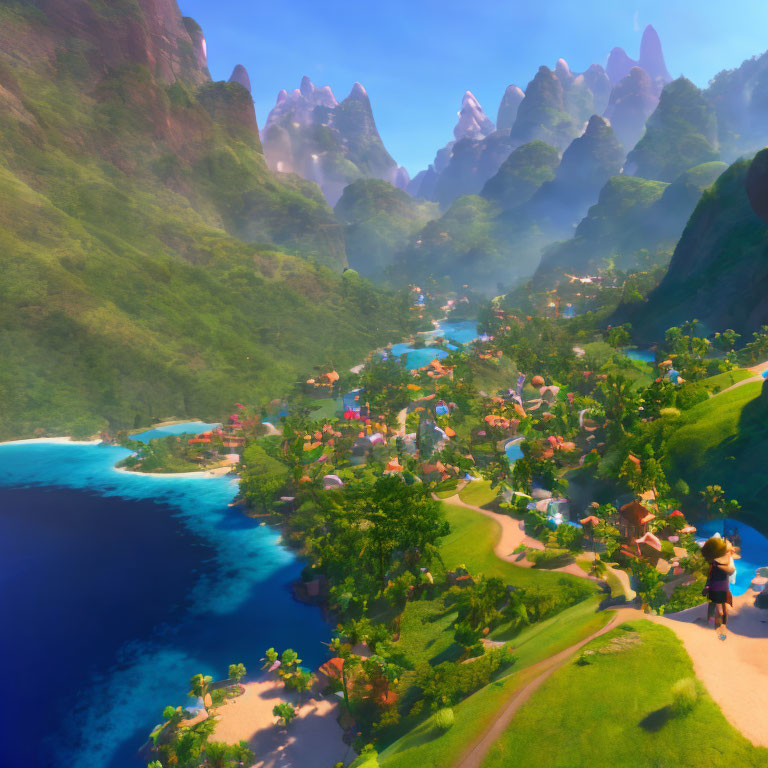 Tropical village nestled between lush mountains and blue sea