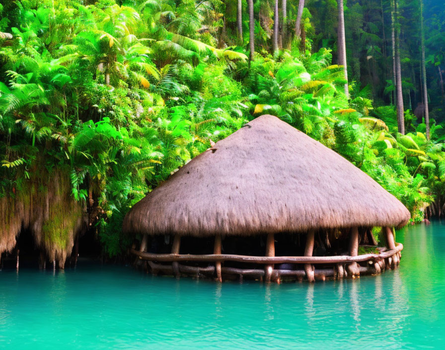 Thatched-Roof Hut on Stilts Over Turquoise Water