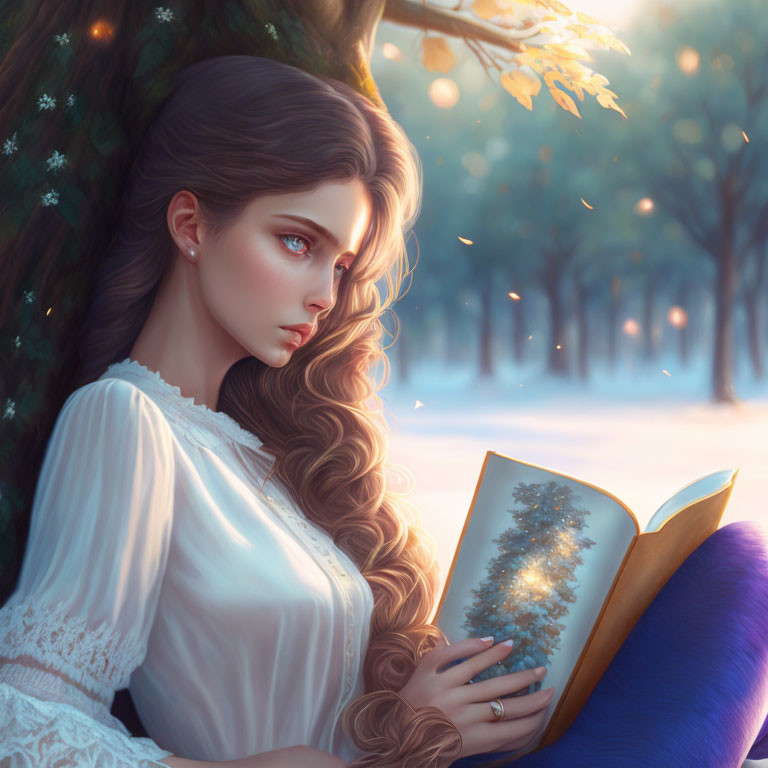 Woman with long hair reading book under tree with glowing orbs and winter scene depicted.