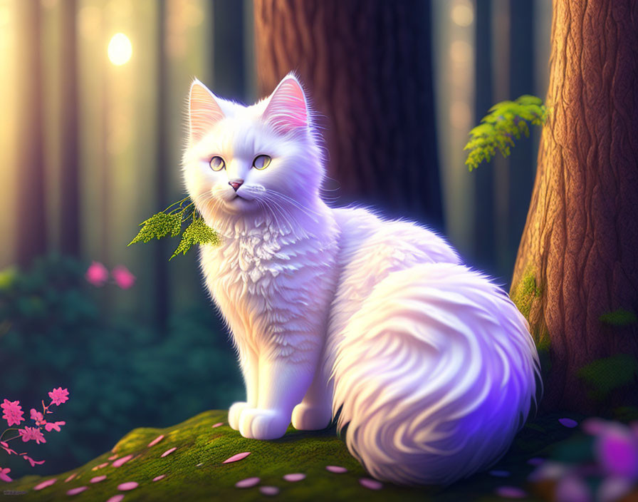 Fluffy White Cat with Blue Eyes in Sunlit Forest