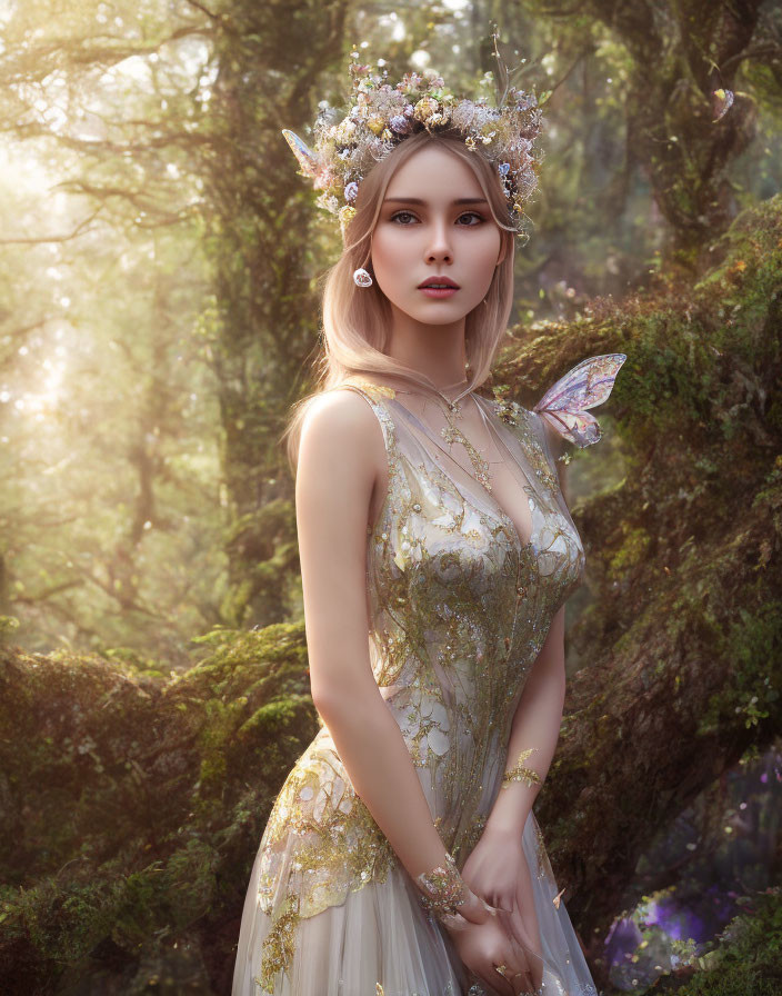 Fantasy-themed woman with floral crown in enchanted forest