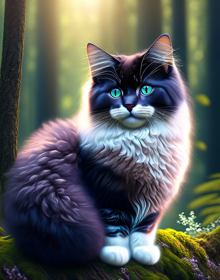 Fluffy Cat with Blue Eyes and Tuxedo Markings in Sunlit Forest