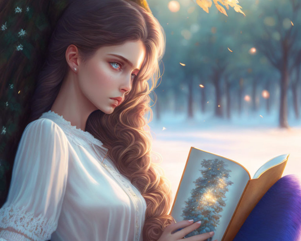 Woman with long hair reading book under tree with glowing orbs and winter scene depicted.